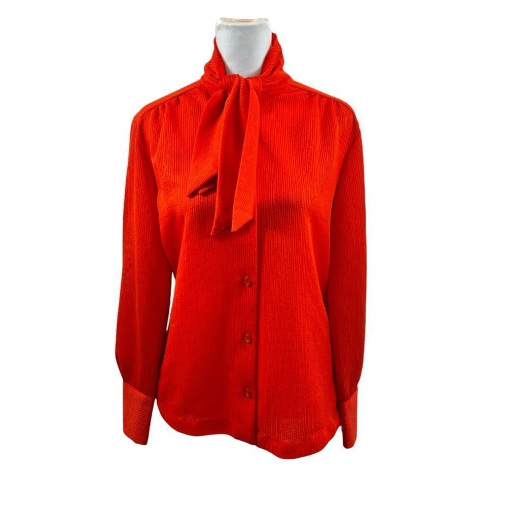 Ladies vintage Janni Originals Textured Neck Tie Button Down Blouse Red Size 16‎